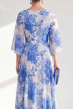 Robe longue marge de mariée en chiffon à col bateau rouge ligne A avec manches 3/4