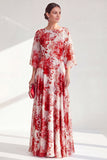Robe longue marge de mariée en chiffon à col bateau rouge ligne A avec manches 3/4