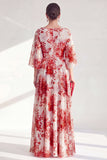 Robe longue marge de mariée en chiffon à col bateau rouge ligne A avec manches 3/4