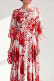 Robe longue marge de mariée en chiffon à col bateau rouge ligne A avec manches 3/4