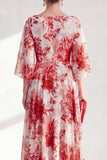 Robe longue marge de mariée en chiffon à col bateau rouge ligne A avec manches 3/4