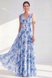 Robe longue Mother Of the Bride en chiffon bleu à col en V en ligne en V
