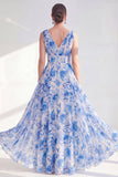 Robe longue Mother Of the Bride en chiffon bleu à col en V en ligne en V