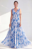 Robe longue Mother Of the Bride en chiffon bleu à col en V en ligne en V
