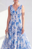 Robe longue Mother Of the Bride en chiffon bleu à col en V en ligne en V