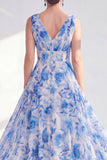 Robe longue Mother Of the Bride en chiffon bleu à col en V en ligne en V