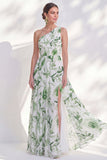Robe longue de la mère de la mariée en chiffon vert ligne A à une épaule avec fente