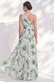 Robe longue de la mère de la mariée en chiffon vert ligne A à une épaule avec fente