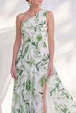 Robe longue de la mère de la mariée en chiffon vert ligne A à une épaule avec fente