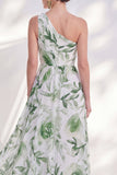 Robe longue de la mère de la mariée en chiffon vert ligne A à une épaule avec fente