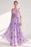 Robe longue de la mère de la mariée en chiffon violet à col en V et à col en V