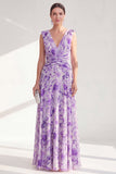 Robe longue de la mère de la mariée en chiffon violet à col en V et à col en V