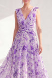 Robe longue de la mère de la mariée en chiffon violet à col en V et à col en V