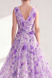 Robe longue de la mère de la mariée en chiffon violet à col en V et à col en V