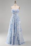 Robe Mère de la Mariée en chiffon bleu A-line à bretelles fines florales en chiffon