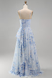 Robe Mère de la Mariée en chiffon bleu A-line à bretelles fines florales en chiffon