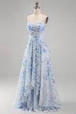 Robe Mère de la Mariée en chiffon bleu A-line à bretelles fines florales en chiffon