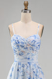 Robe Mère de la Mariée en chiffon bleu A-line à bretelles fines florales en chiffon