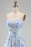 Robe Mère de la Mariée en chiffon bleu A-line à bretelles fines florales en chiffon