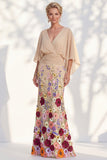 Robe longue de la mère de la mariée en champagne sirène champagne à col en V long avec manches cape