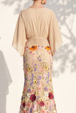 Robe longue de la mère de la mariée en champagne sirène champagne à col en V long avec manches cape