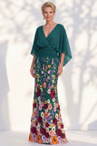 Robe longue de la mère de la mariée en champagne sirène champagne à col en V long avec manches cape