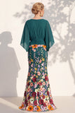 Robe longue de la mère de la mariée en champagne sirène champagne à col en V long avec manches cape