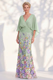 Robe longue de la mère de la mariée en champagne sirène champagne à col en V long avec manches cape