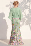Robe longue de la mère de la mariée en champagne sirène champagne à col en V long avec manches cape