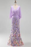Robe longue de la mère de la mariée en champagne sirène champagne à col en V long avec manches cape