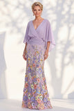 Robe longue de la mère de la mariée en champagne sirène champagne à col en V long avec manches cape