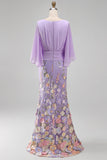 Robe longue de la mère de la mariée en champagne sirène champagne à col en V long avec manches cape