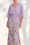 Robe longue de la mère de la mariée en champagne sirène champagne à col en V long avec manches cape
