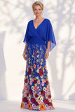 Robe longue de la mère de la mariée en champagne sirène champagne à col en V long avec manches cape