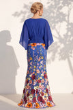 Robe longue de la mère de la mariée en champagne sirène champagne à col en V long avec manches cape