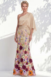 Robe longue mère de la mariée à fleurs lilas à une épaule avec manches de cape