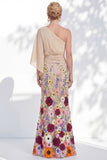 Robe longue mère de la mariée à fleurs lilas à une épaule avec manches de cape