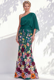 Robe longue mère de la mariée à fleurs lilas à une épaule avec manches de cape