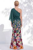 Robe longue mère de la mariée à fleurs lilas à une épaule avec manches de cape