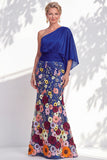 Robe longue mère de la mariée à fleurs lilas à une épaule avec manches de cape