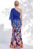 Robe longue mère de la mariée à fleurs lilas à une épaule avec manches de cape