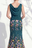 Robe longue marge de la mariée à col bateau sirène vert foncé 3D florale longue
