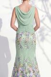 Robe longue marge de la mariée à col bateau sirène vert foncé 3D florale longue