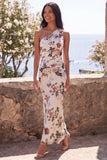 Robe Maxi à fleurs en ivoire à une épaule en sirène à fronçons