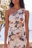 Robe Maxi à fleurs en ivoire à une épaule en sirène à fronçons