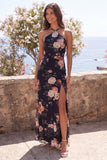 Robe longue fleurie sirène noire en chiffon à col nu avec fente