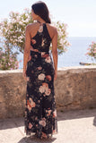 Robe longue fleurie sirène noire en chiffon à col nu avec fente