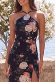 Robe longue fleurie sirène noire en chiffon à col nu avec fente