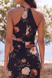 Robe longue fleurie sirène noire en chiffon à col nu avec fente