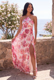 Robe longue longue robe fleur à col halter en mousseline rose avec fente
